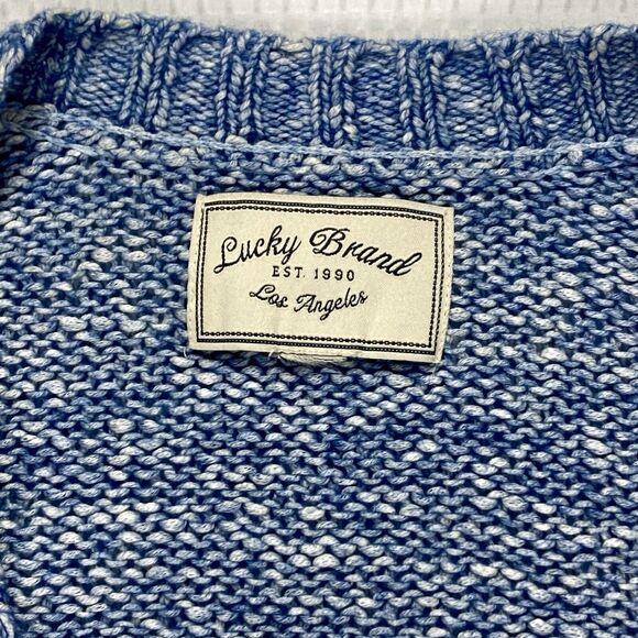 Lucky Brand Cardigan Women L Blue White Fringe Boho Tunic Fuzzy Cottage Sweater - Picture 16 of 16